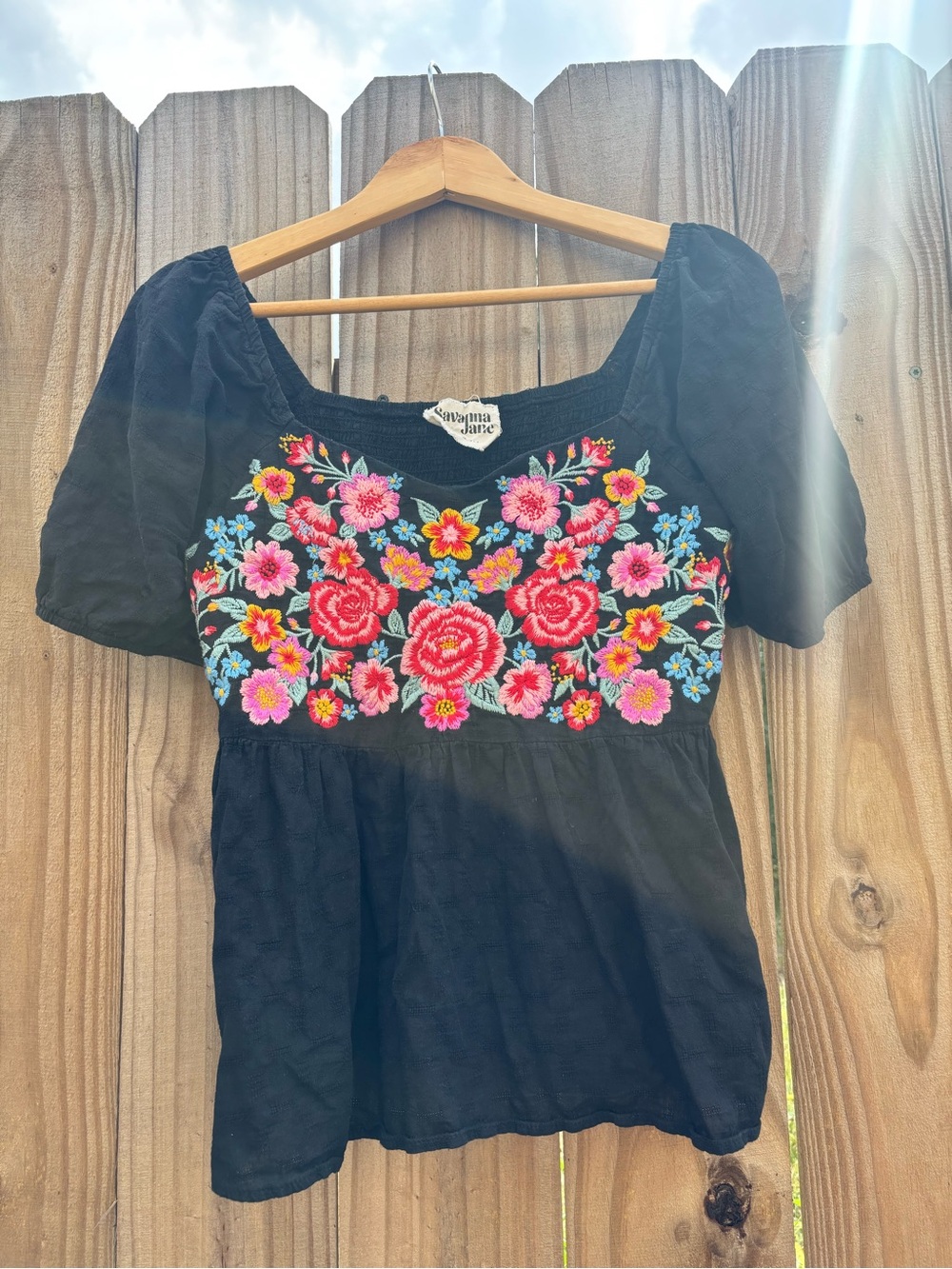 Savanna Jane Top Small Short Sleeve Square Neck Embroidered Floral Boho Black
